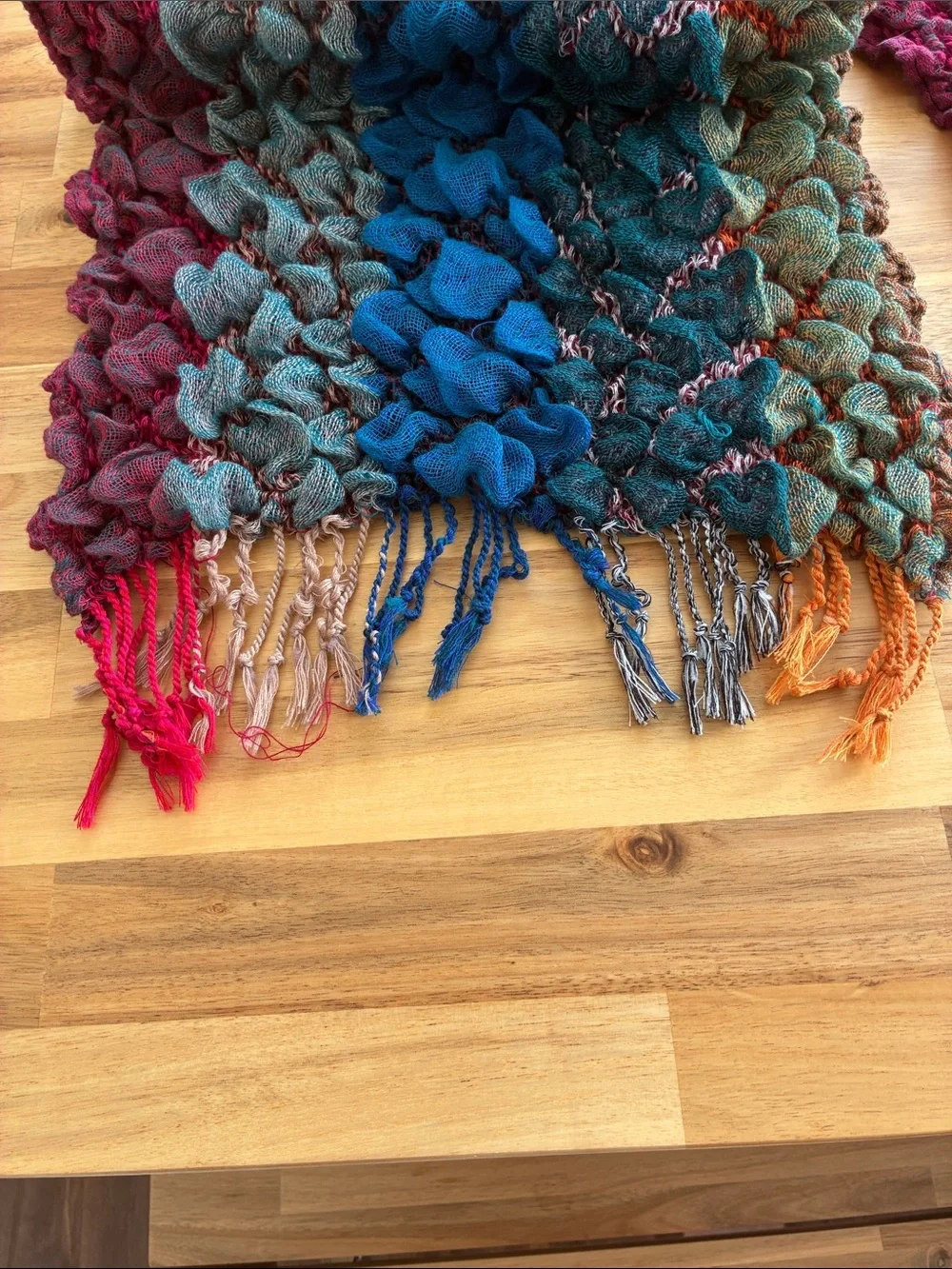 Artisan Multi-Color Textured Knit Scarf Jewel Tone Fringe Boho Dark Academia
